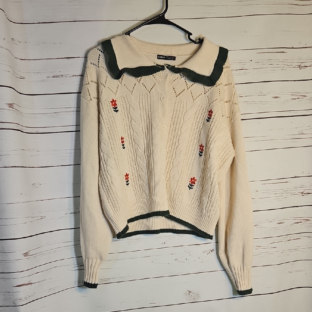 Shein Cream‎ Floral Embroidered Cable Knit Cardigan Sweater Green Trim